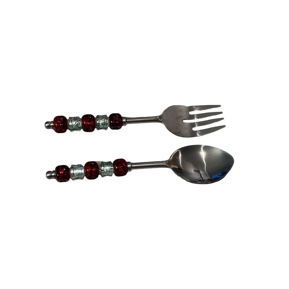 Handcrafted Beaded Serving Fork and Spoon Set Red Silver Glass Stainless Steel